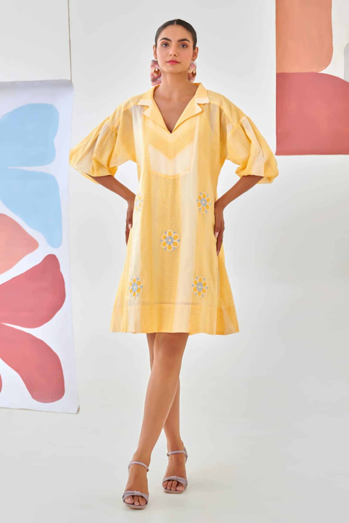 Moontara Yellow Check Short Dress with Floral Embroidery 
