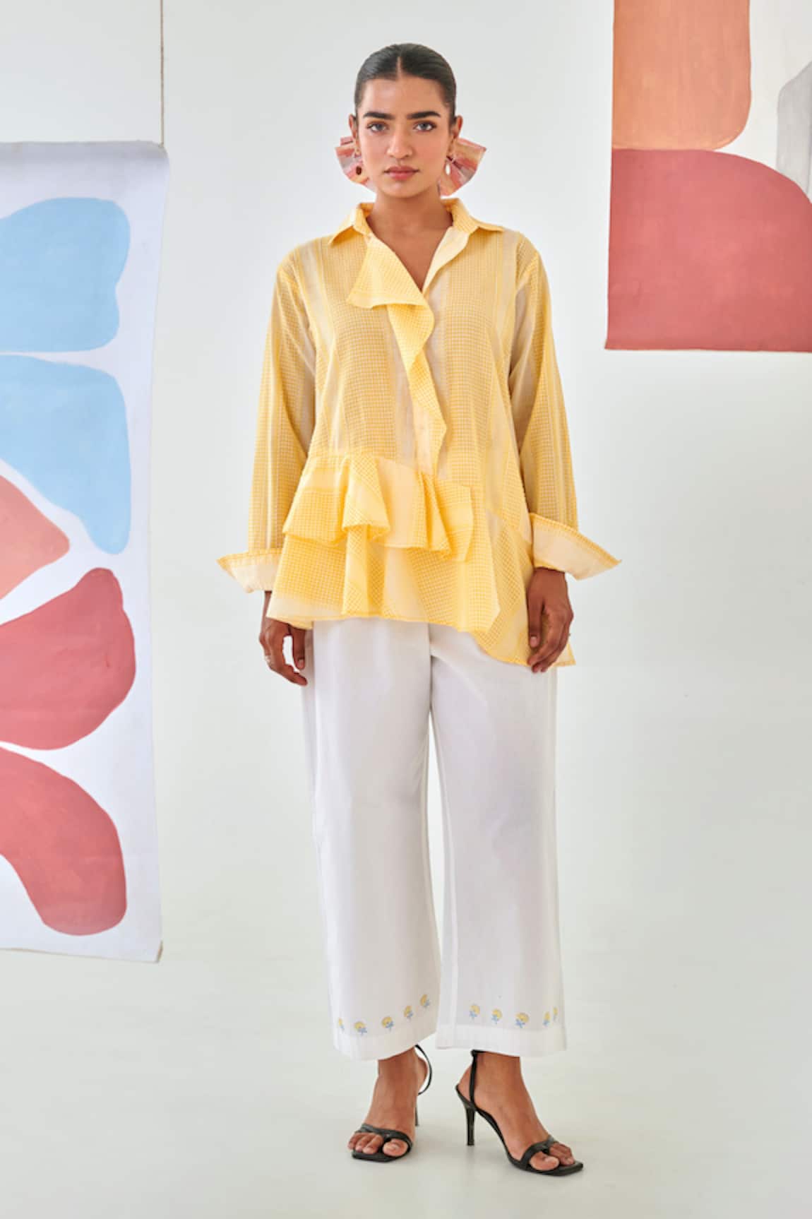 Moontara Yellow Check Asymmetric Shirt & White Pants 