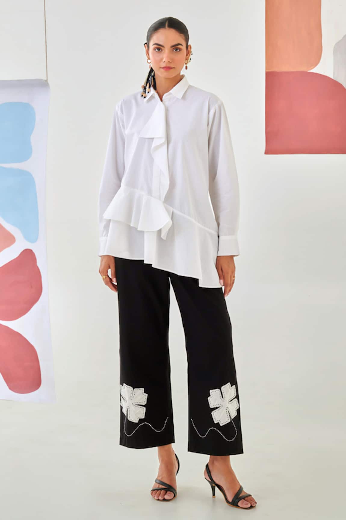 Moontara Asymmetric White Shirt & Black Pants Set 