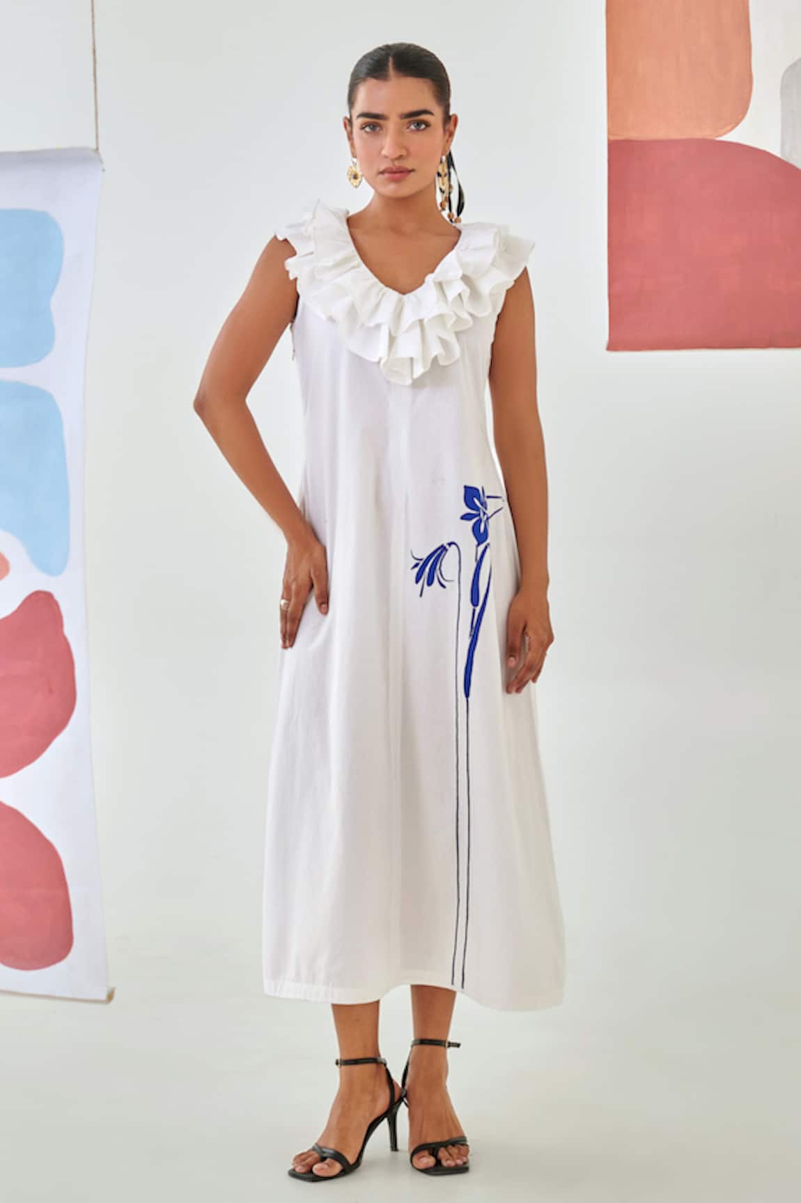 Moontara White A-line Dress with Ruffled Neckline 