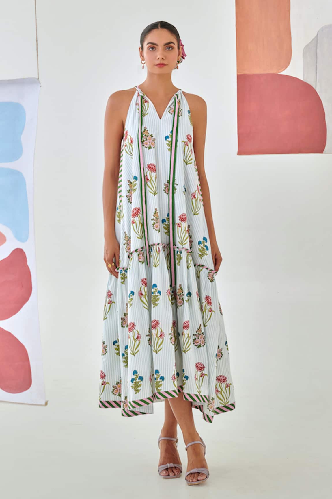 Moontara Floral Printed Tie Up Maxi Dress 