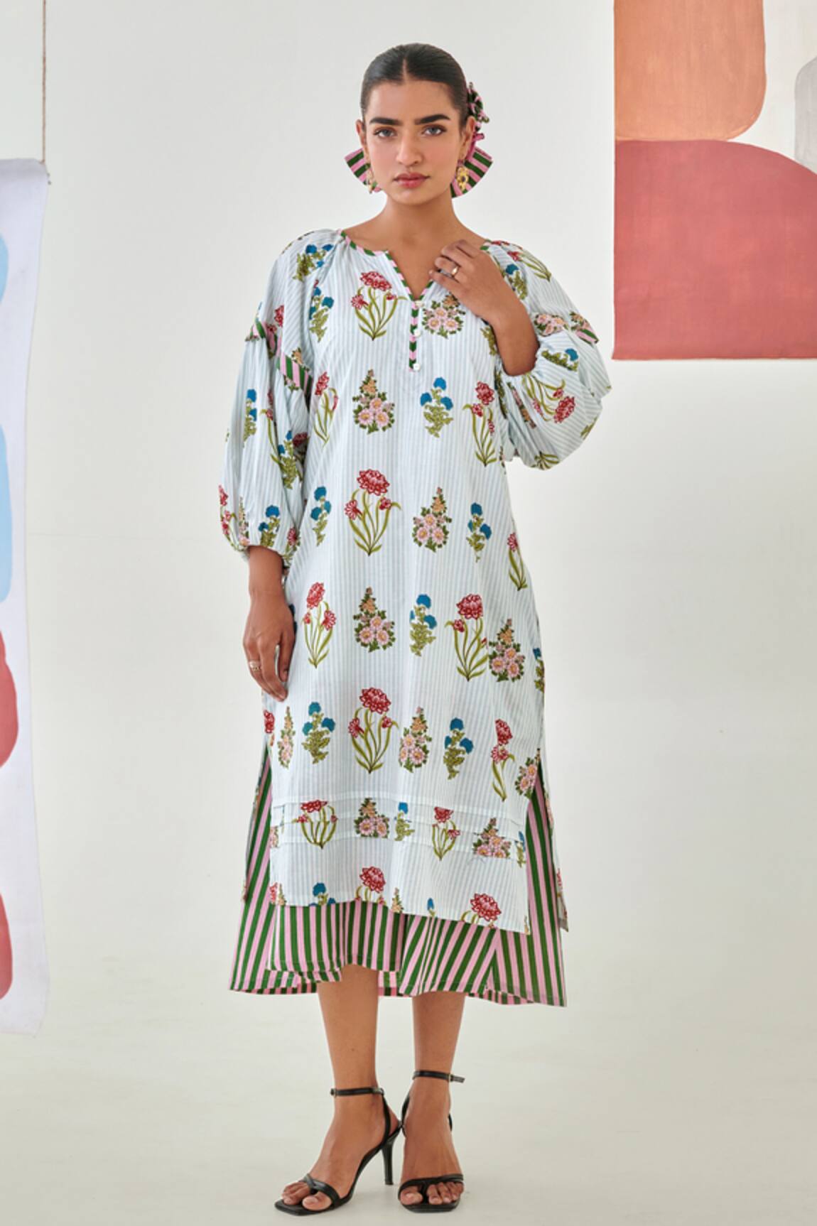 Moontara Aqua Floral Printed Double Layered Dress 