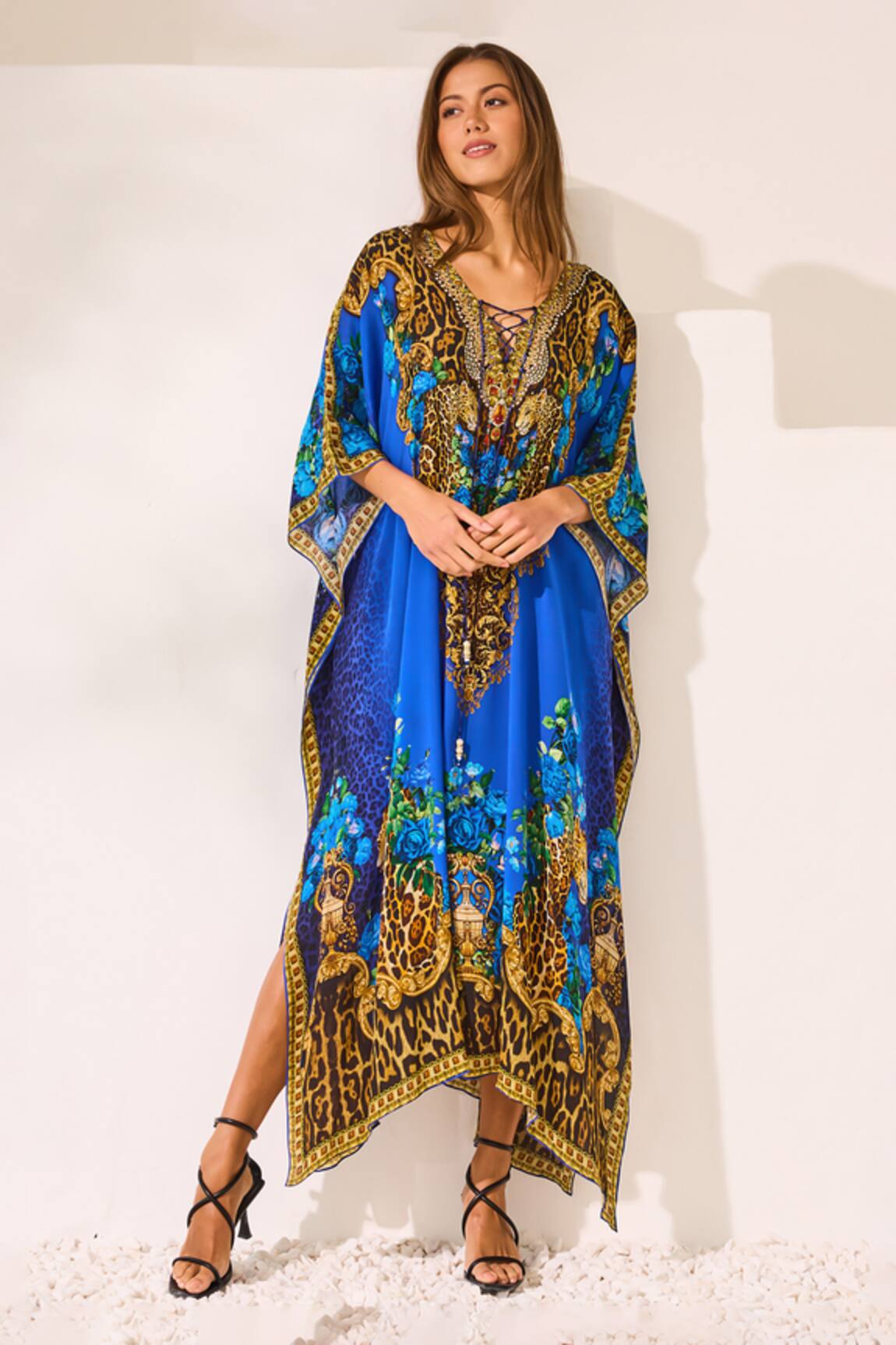 Zariaah Blue Leopard Print Kaftan 