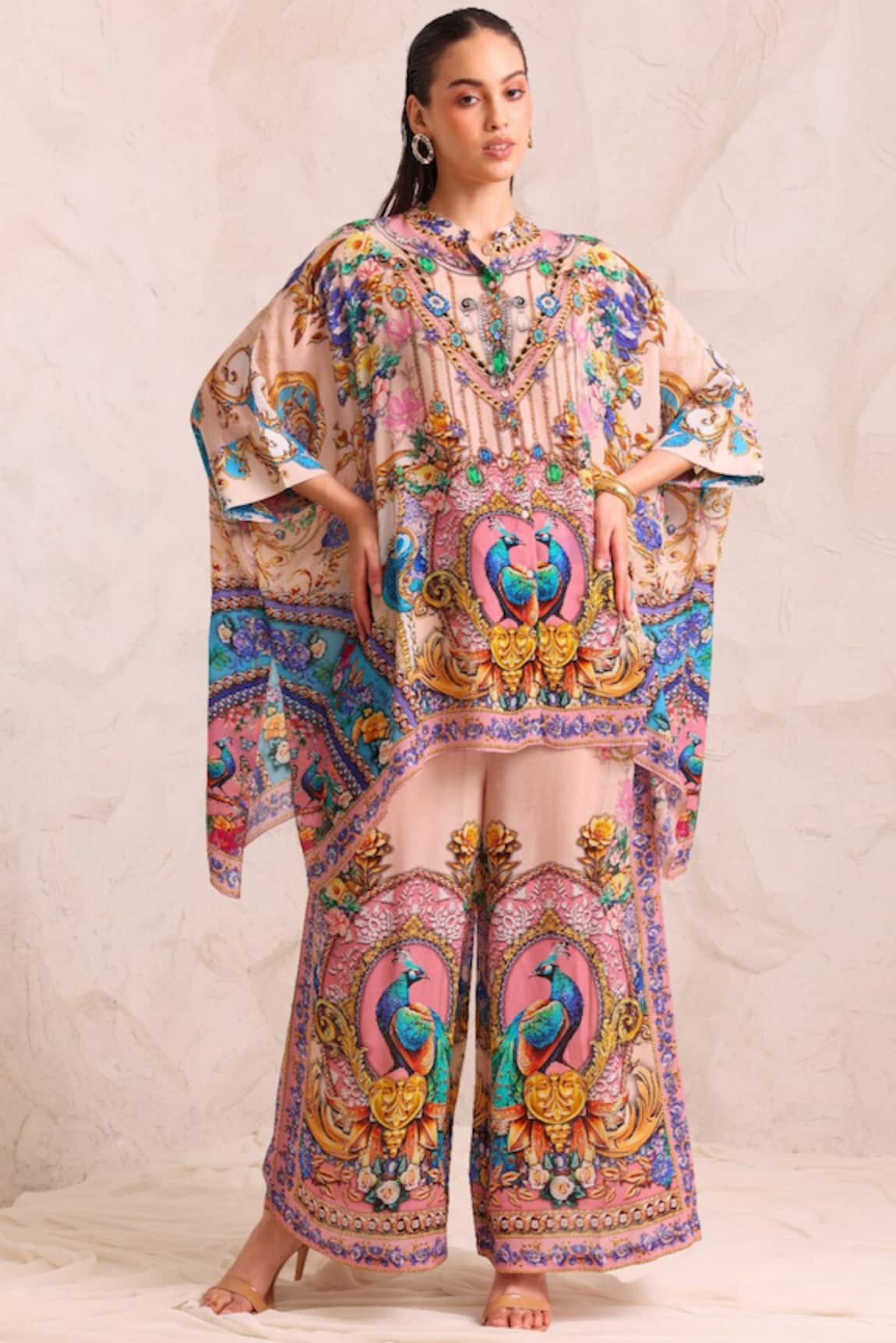 Zariaah Pink Peacock Print Kaftan Set 