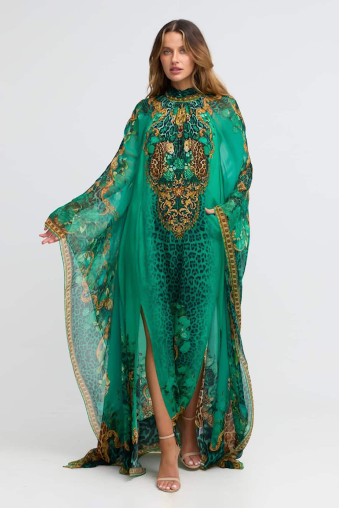 Zariaah Emerald Leopardess High-neck Maxi Kaftan 