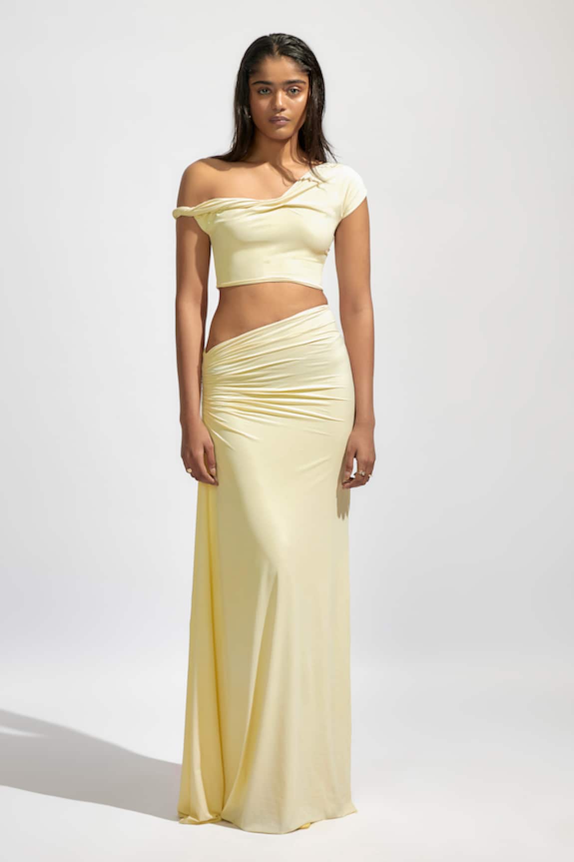 Deme By Gabriella Solid Draped Shoulder Crop Top With Ruched Long Skirt