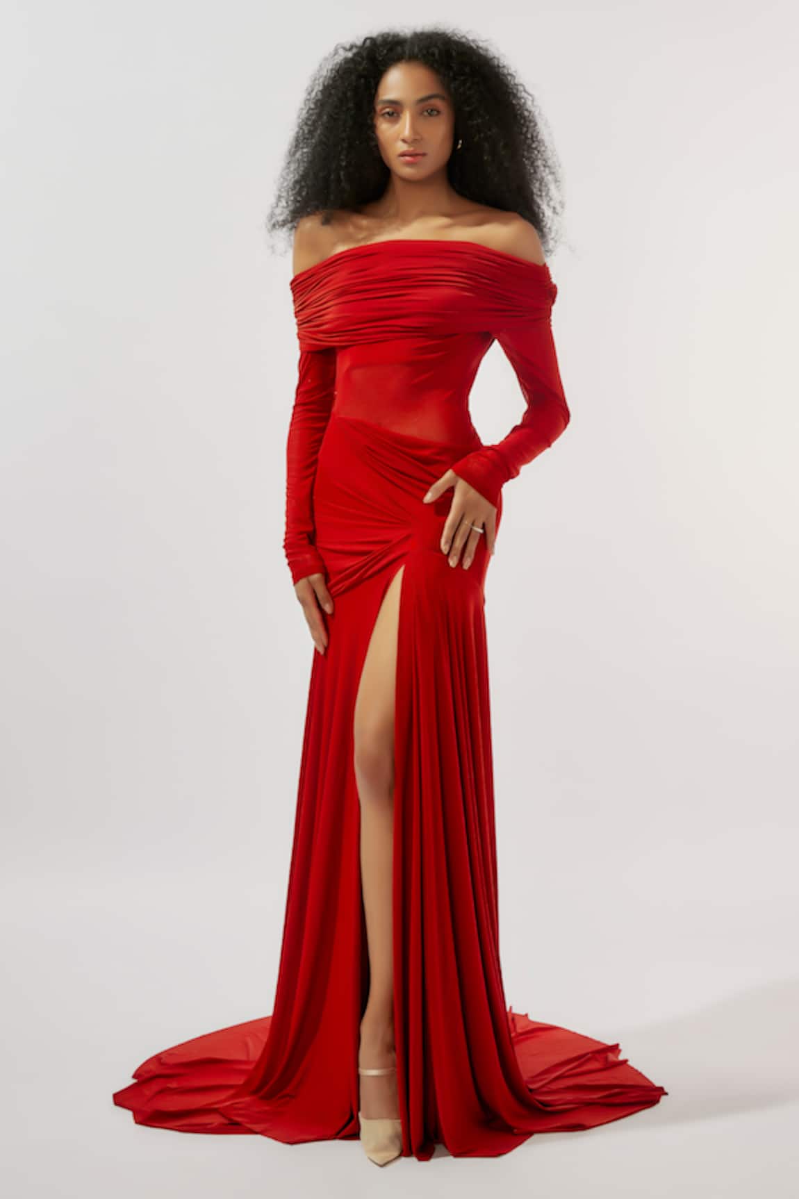 Deme By Gabriella Draped Off Shoulder High Slit Gown 