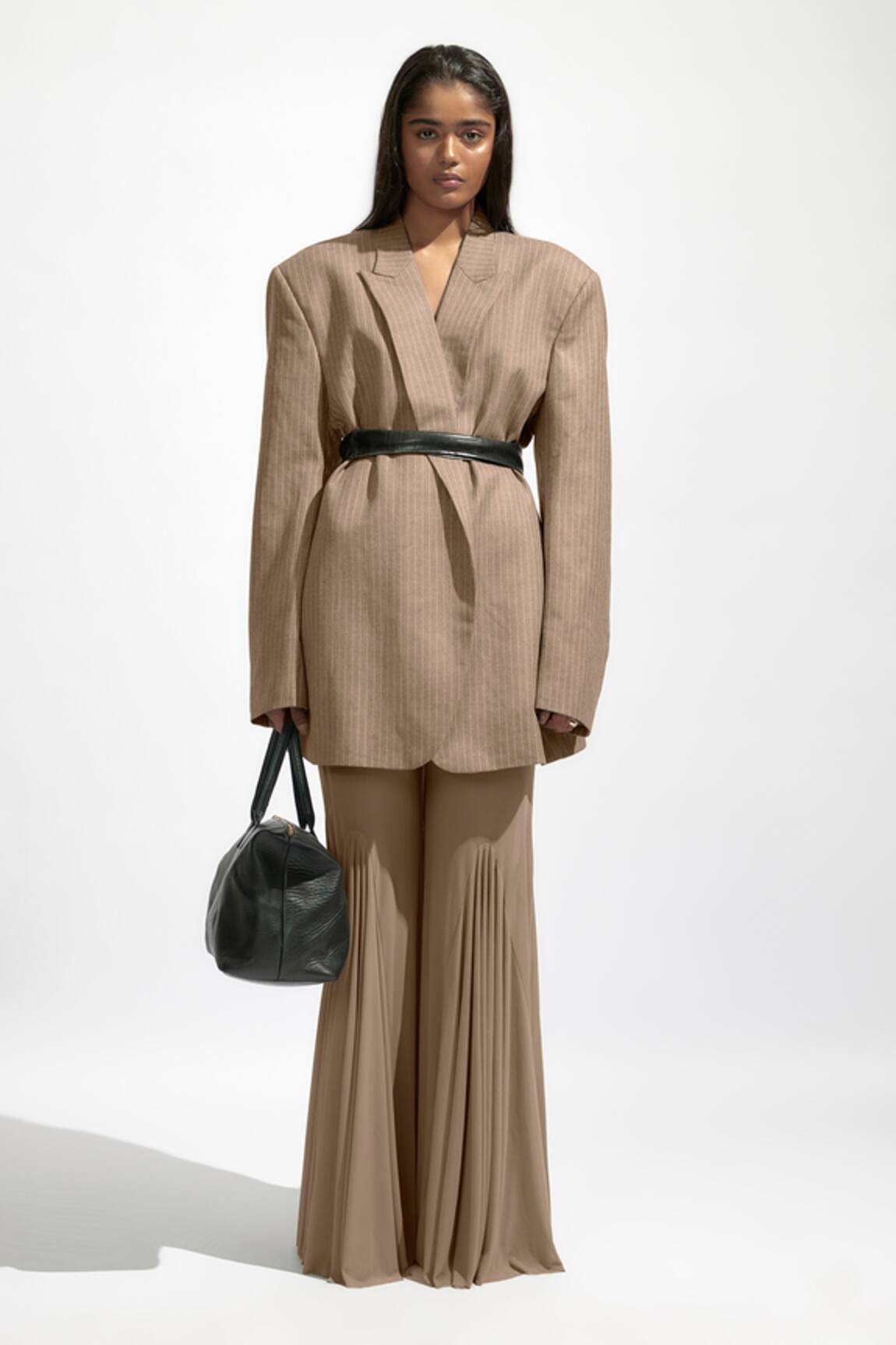 Deme By Gabriella Striped Print Oversized Blazer & Flared Pant Set