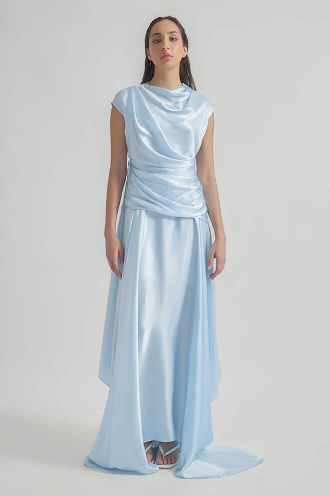 Deme By Gabriella Azura Solid Satin Draped Dress 