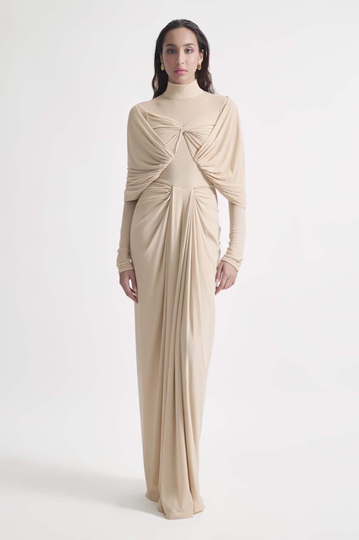 Deme By Gabriella Kenny Solid Full Sleeve Draped Dress 