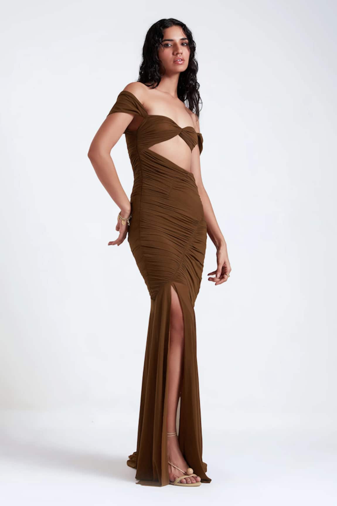 Deme By Gabriella Elena Front Slit Gathered Gown 