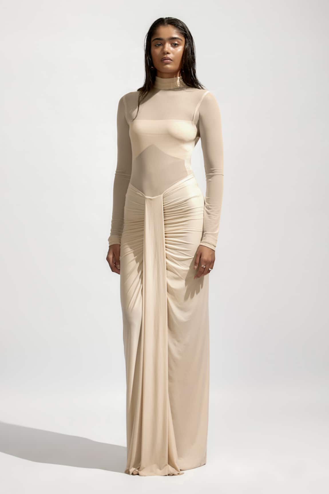 Deme By Gabriella Solid Ruched Draped Maxi Dress