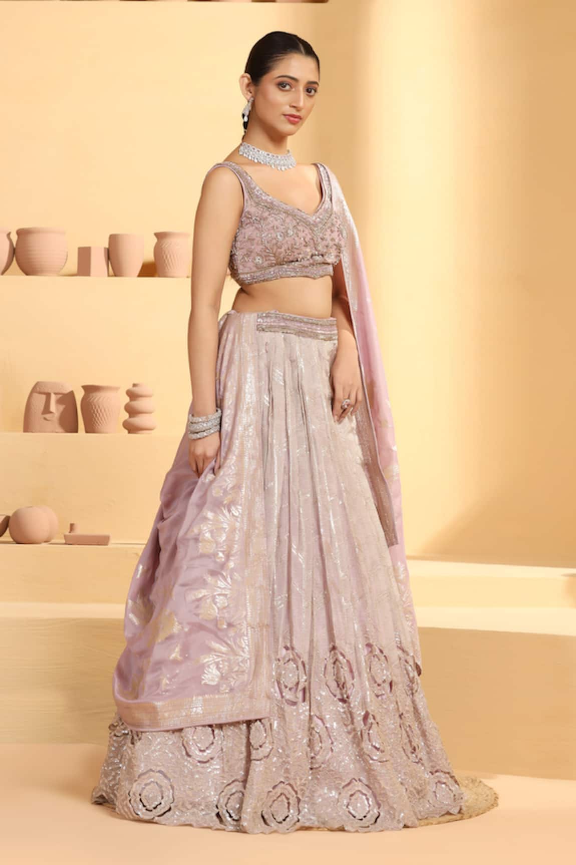 Meenagurnam Rosette Bloom Cutwork Pattern Lehenga Set 