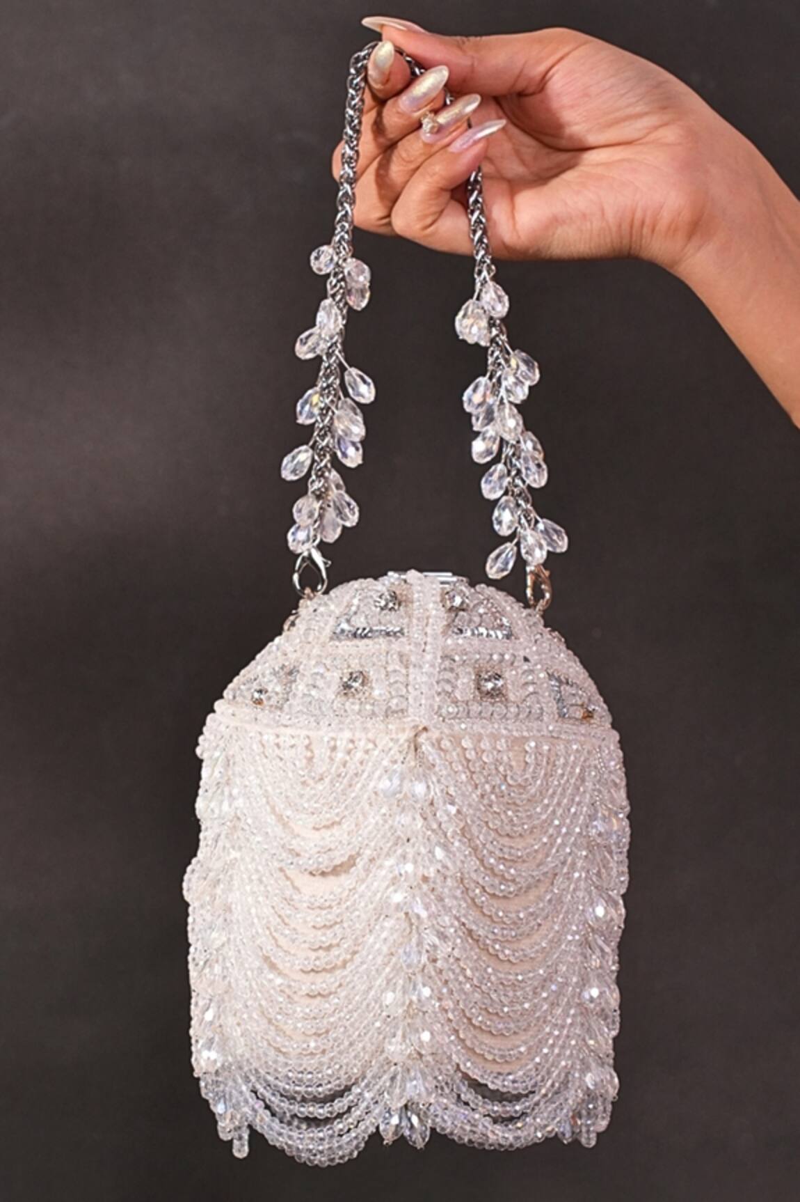 House Of Kosha Evara Silver Georgette Bucket Bag