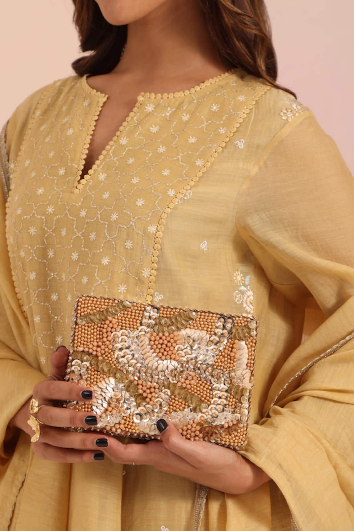 House Of Kosha Gold Suede Embellished Clutch