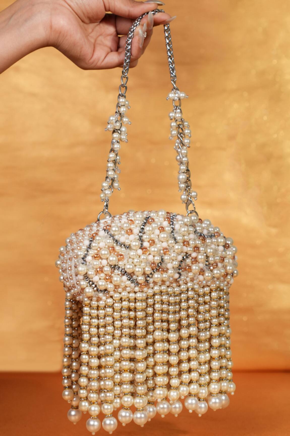 House Of Kosha Chloe Ivory Suede Clutch With Pearl Hangings