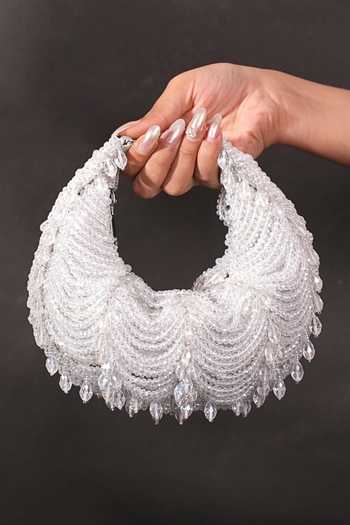 House Of Kosha Silver Suede Embellished Hobo Bag 