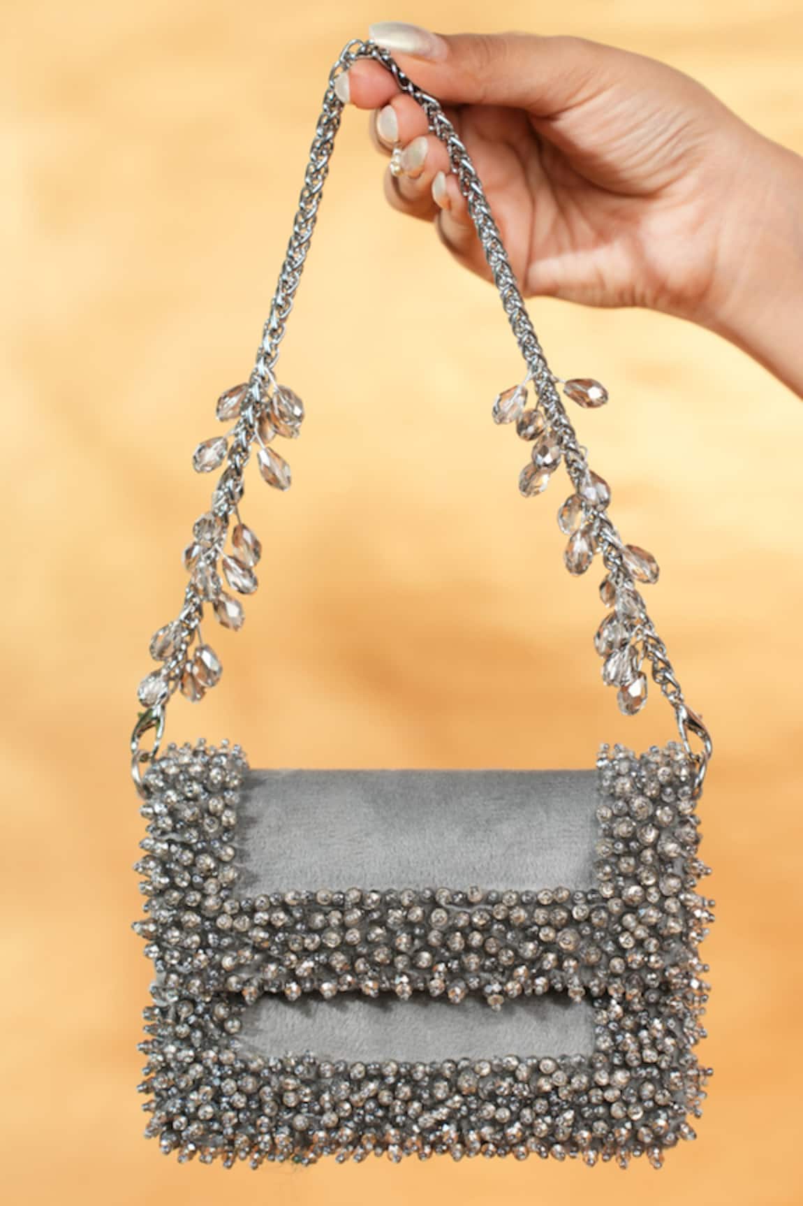 House Of Kosha Elana Grey Suede Crystal Mini Clutch Bag