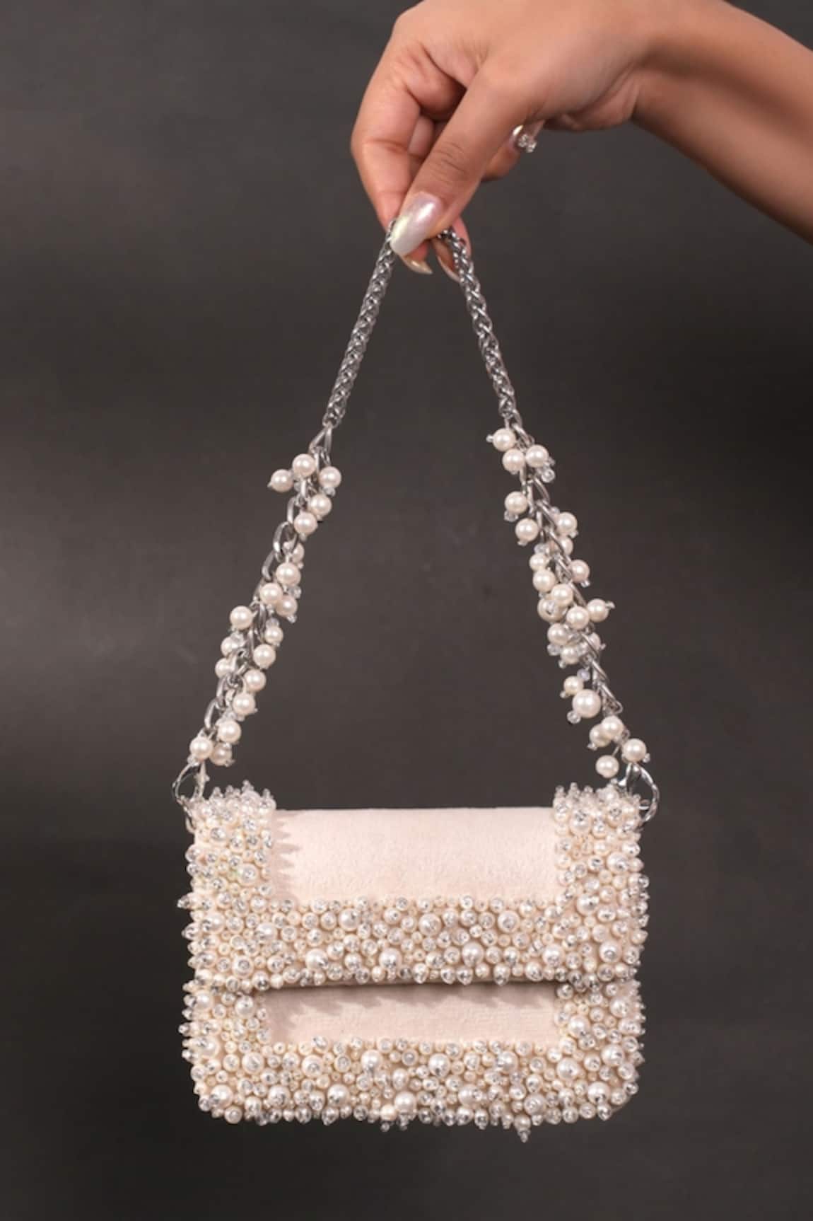 House Of Kosha Ivory Pearl Embellished Mini Clutch 