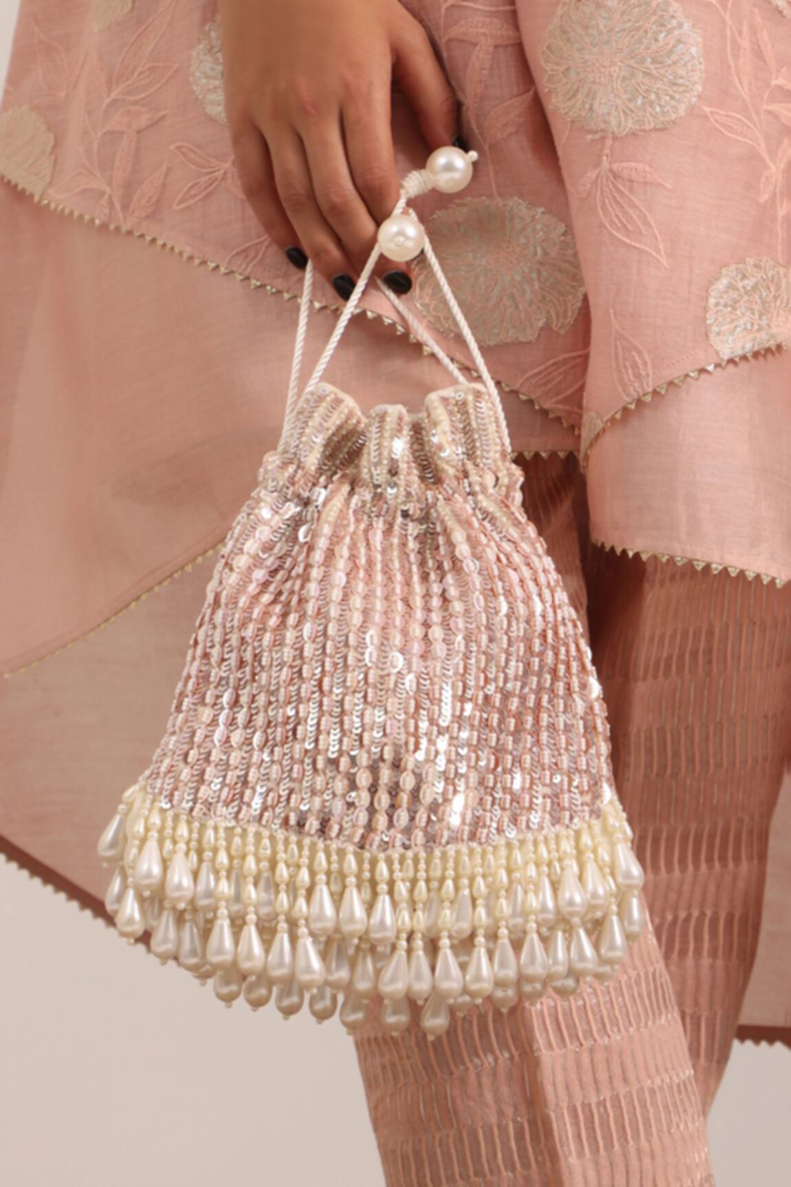House Of Kosha Pink Suede Embellished Potli 