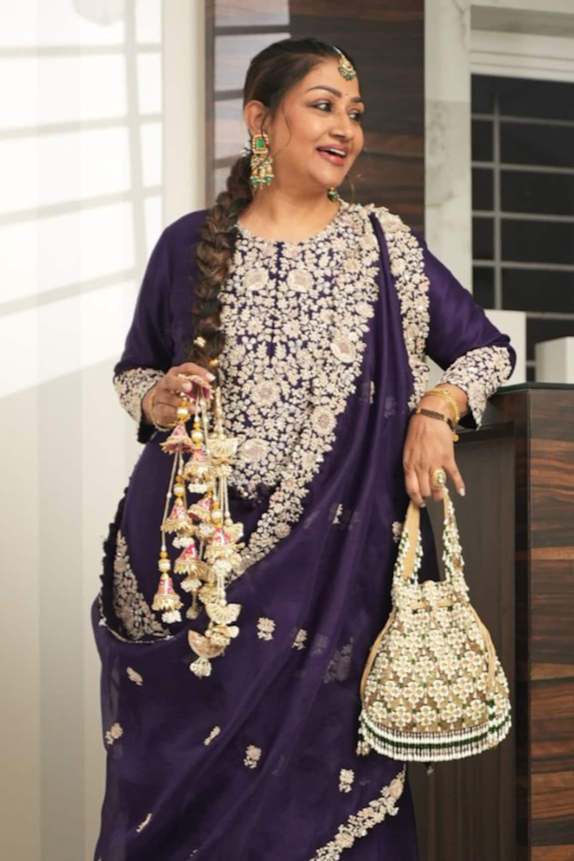 House Of Kosha Gold Suede Embellished Potli 