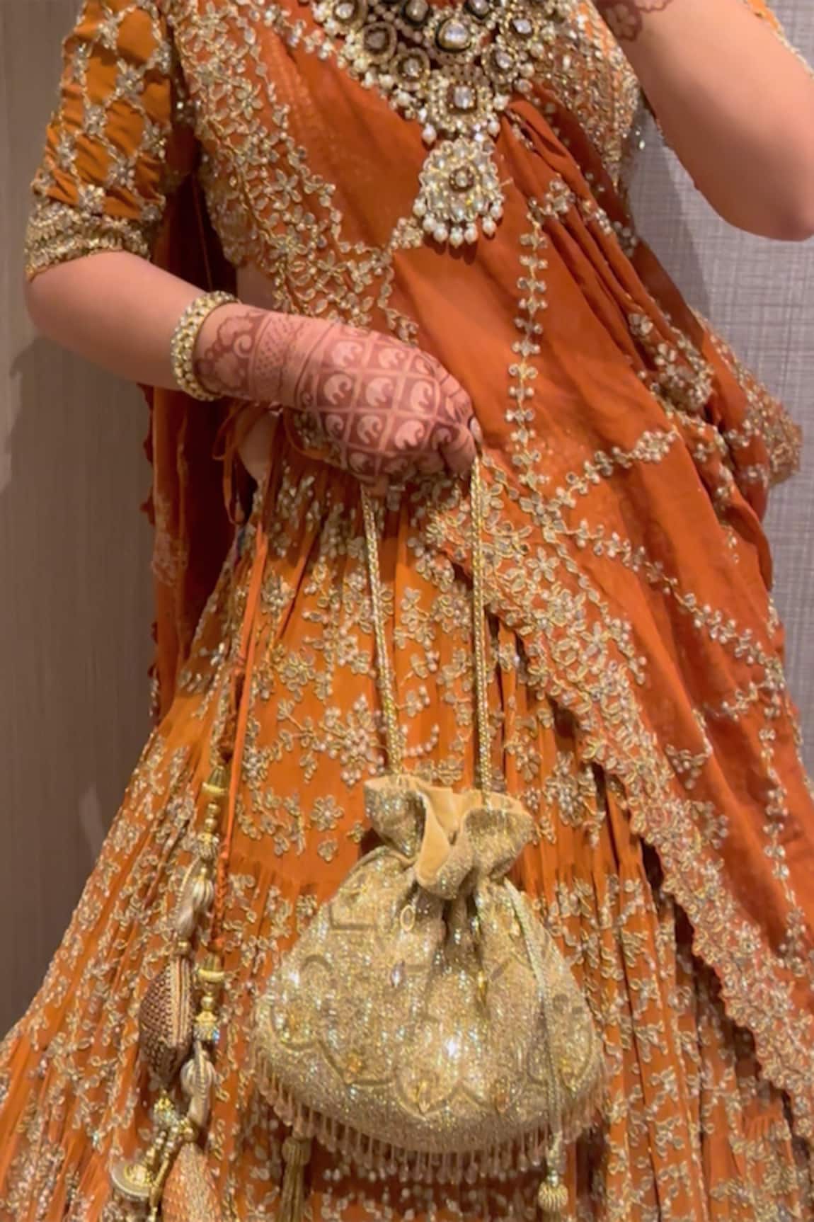 House Of Kosha Sunheri Gold Suede Embellished Potli 
