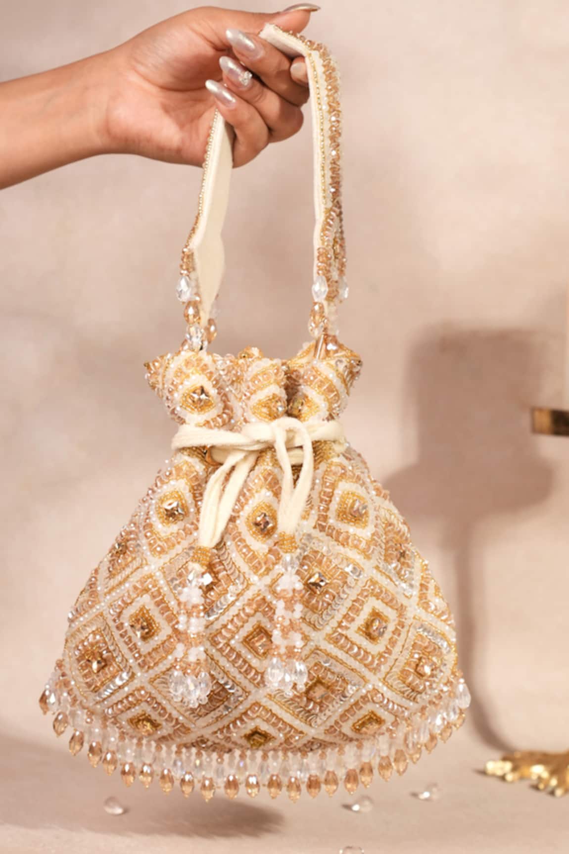 House Of Kosha Golden Pastel Suede Embellished Potli 