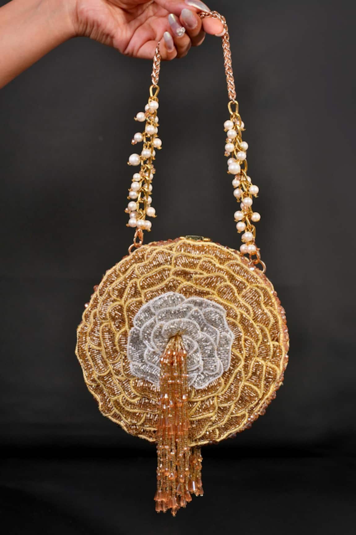 House Of Kosha Ella Gold Suede Embellished Bag 