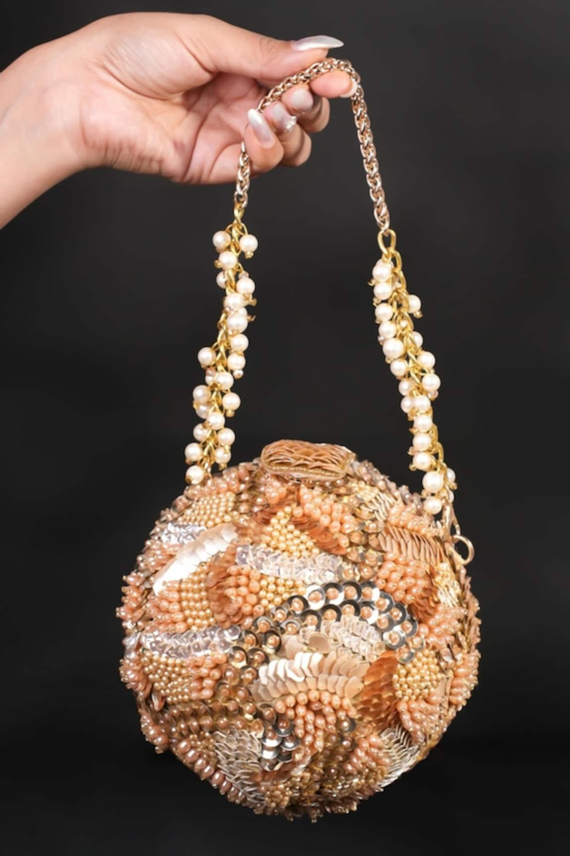 House Of Kosha Amna Gold Suede Embellished Round Bag 
