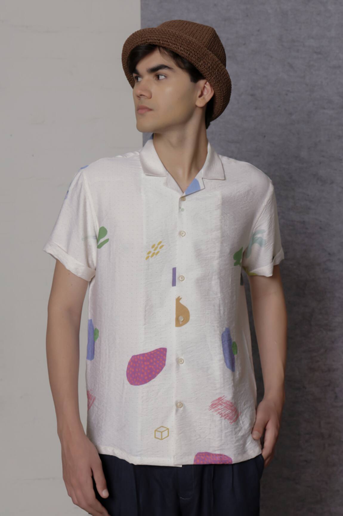 Lacquer Embassy Ecru Abstract Print Cotton Shirt 
