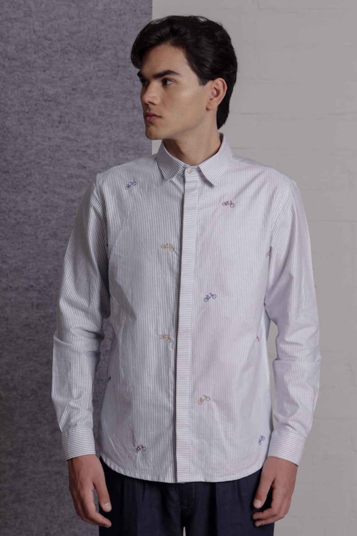 Lacquer Embassy Striped Cotton Shirt With Bicycle Embroidery 