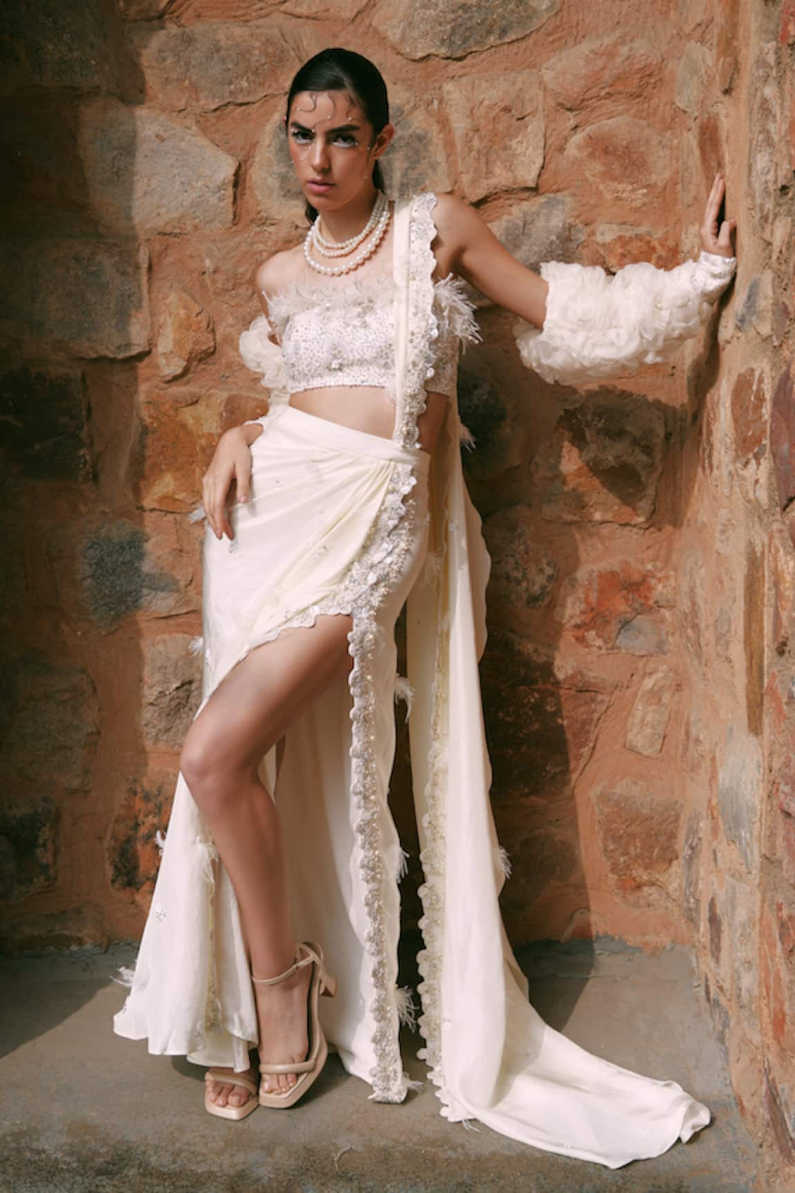 Lasha Ivory Pre-Draped Saree Set 