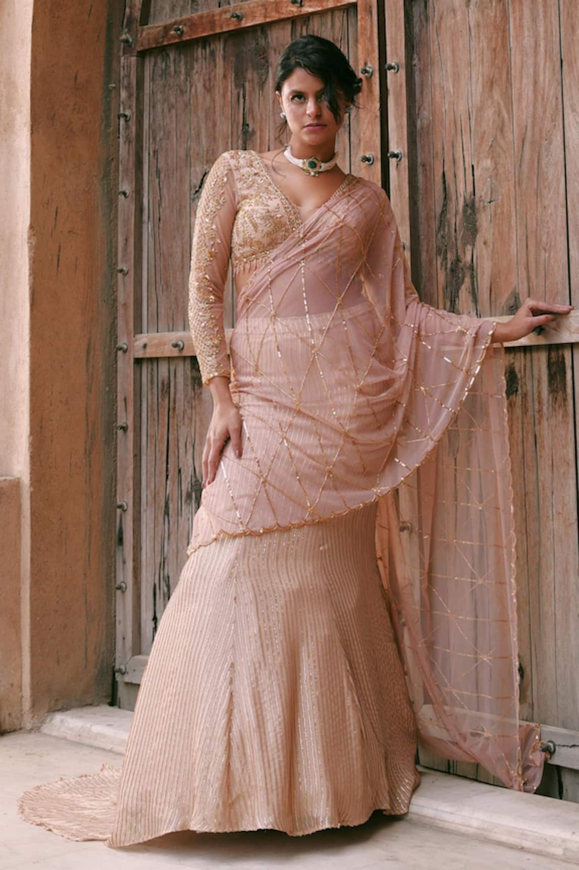 Lasha Peach Georgette Embroidered Lehenga Set 