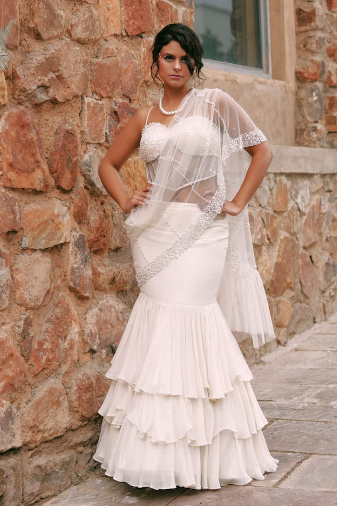 Lasha Ivory Georgette Ruffled Skirt Set 