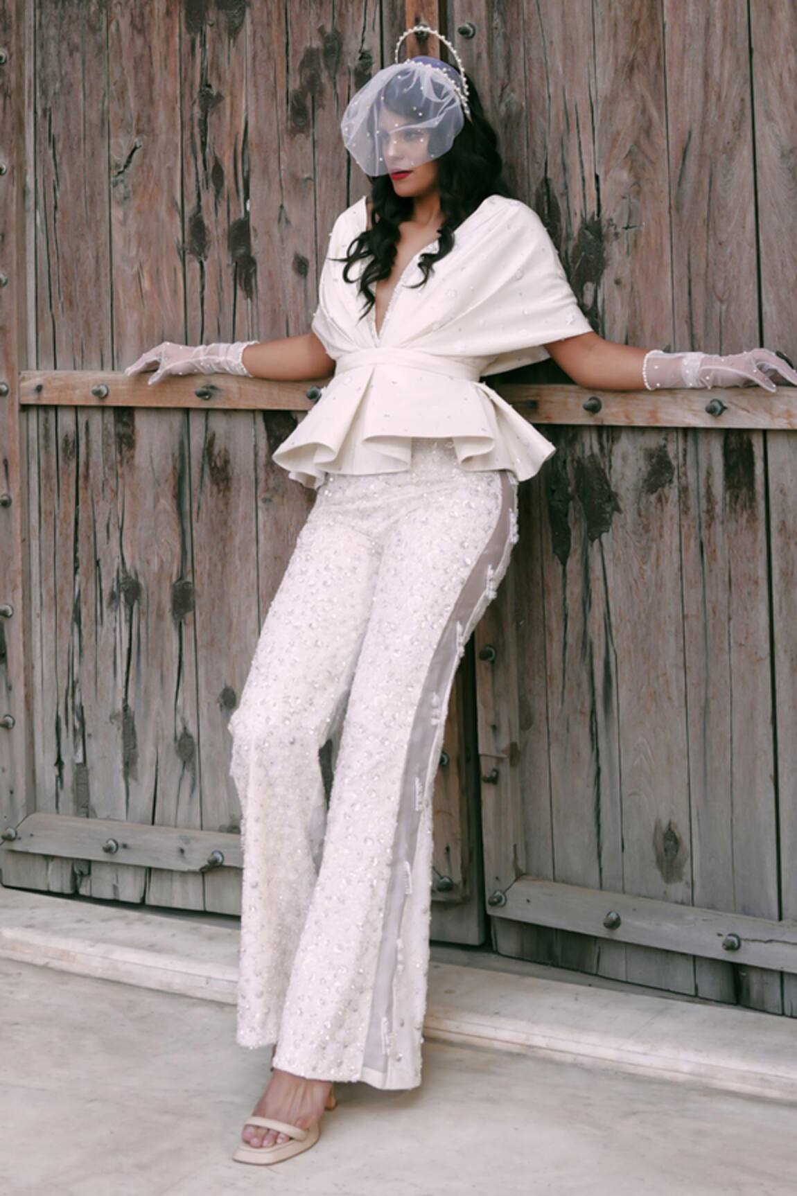 Lasha Ivory Silk Peplum Top & Trouser Set 
