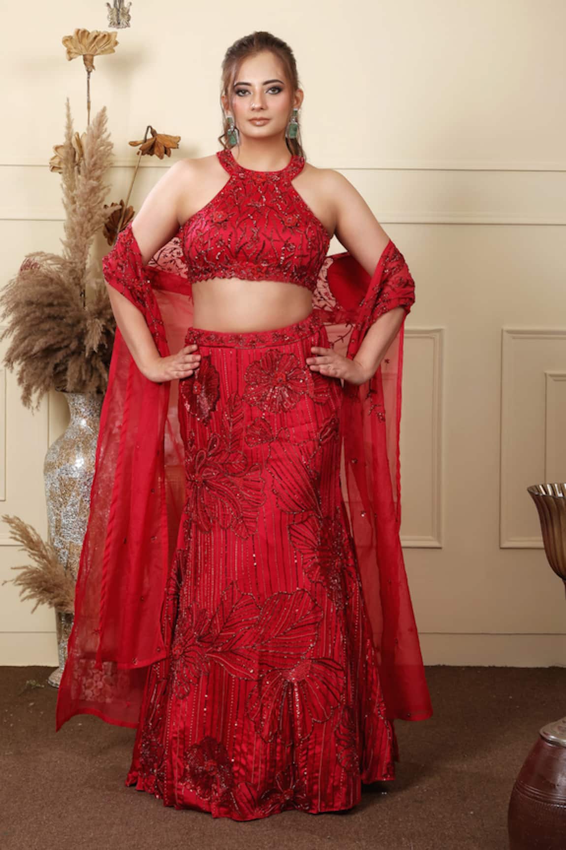 Lasha Red Satin Silk Embroidered Lehenga Set 