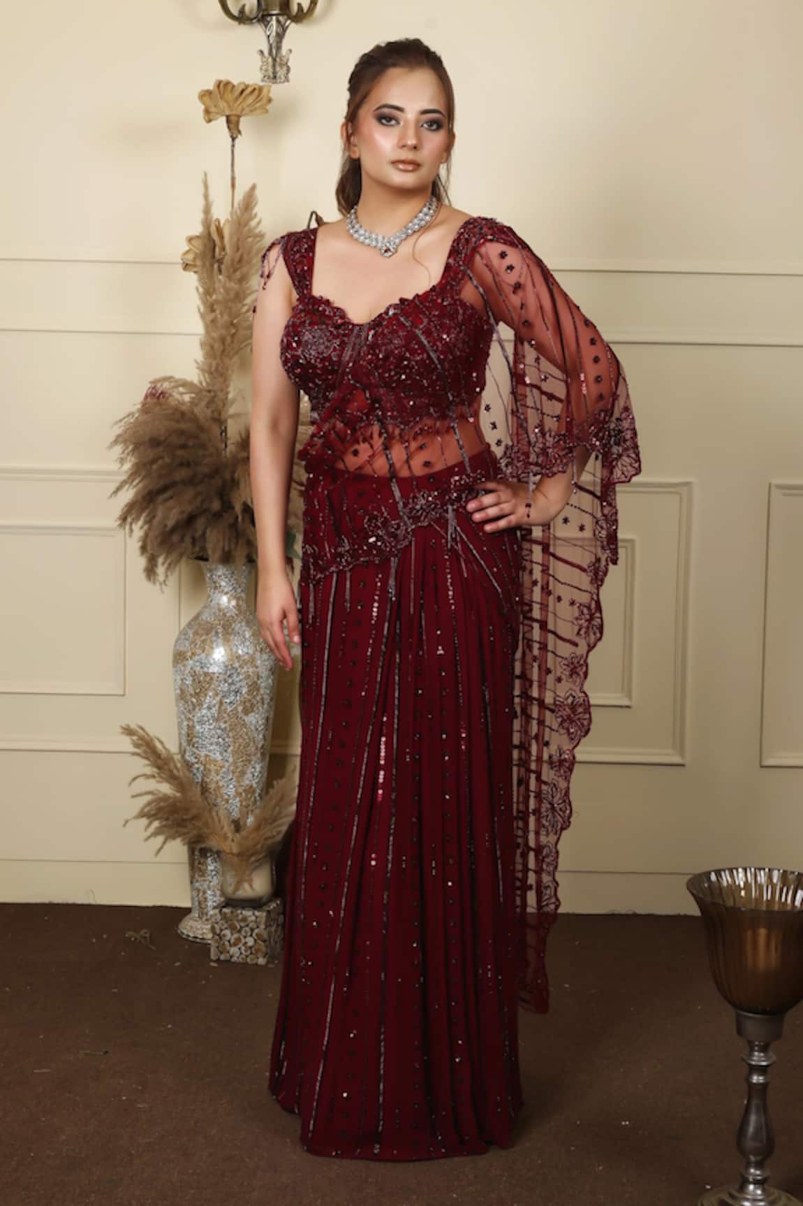 Lasha Wine Pre-Draped Saree With Blouse 