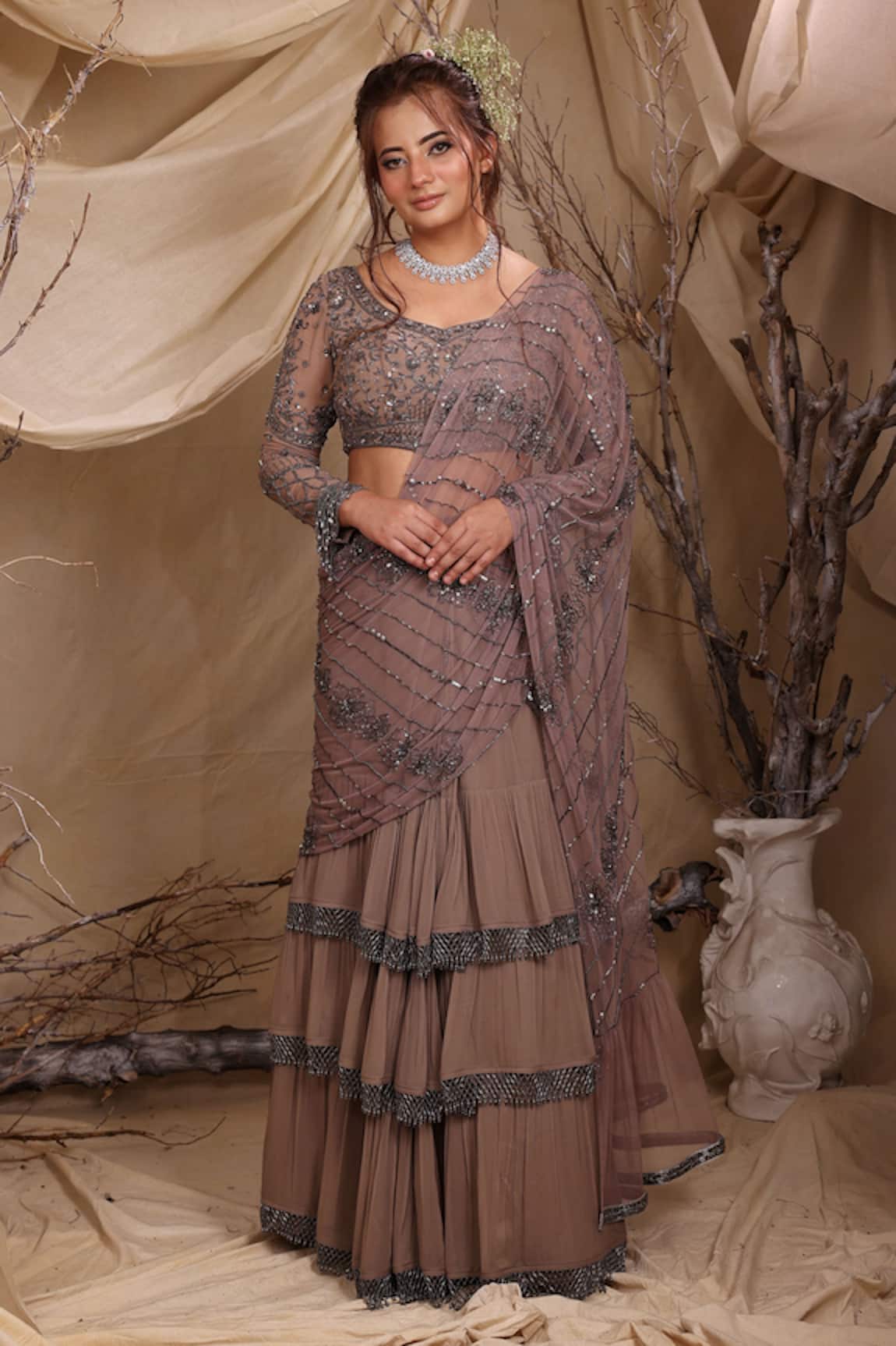 Lasha Dusty Grey Designer Pre-Draped Saree Set 