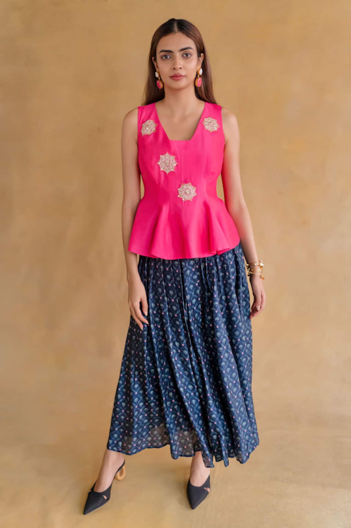 Shachi Sood Pink Hand Embroidered Top & Navy Skirt 