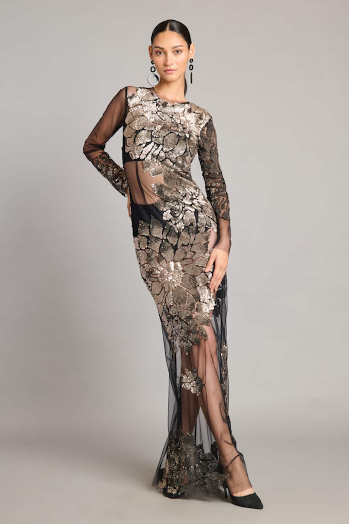 Siddartha Tytler Sequin Sheer Column Gown 