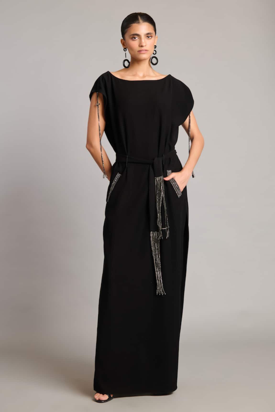 Siddartha Tytler Black Belted Kaftan with Crystal Detail 