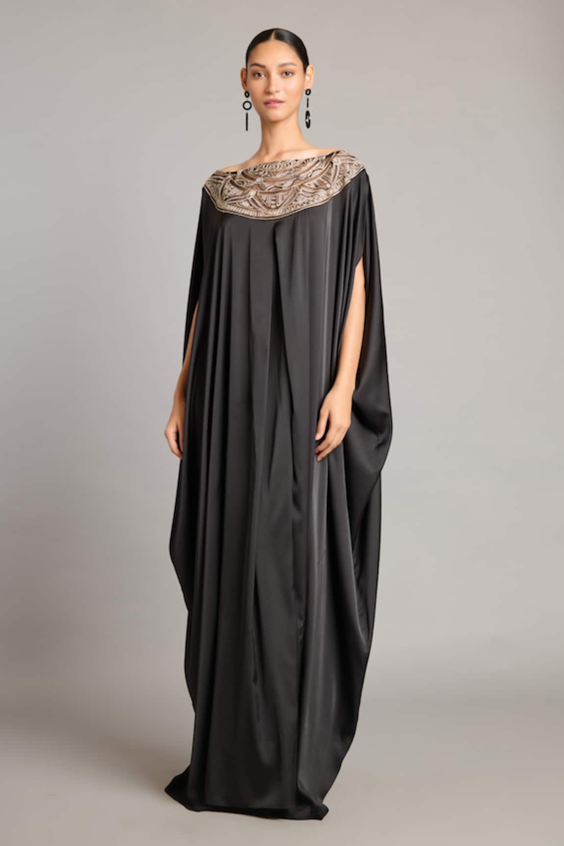 Siddartha Tytler Zari Embroidered Black Satin Kaftan 