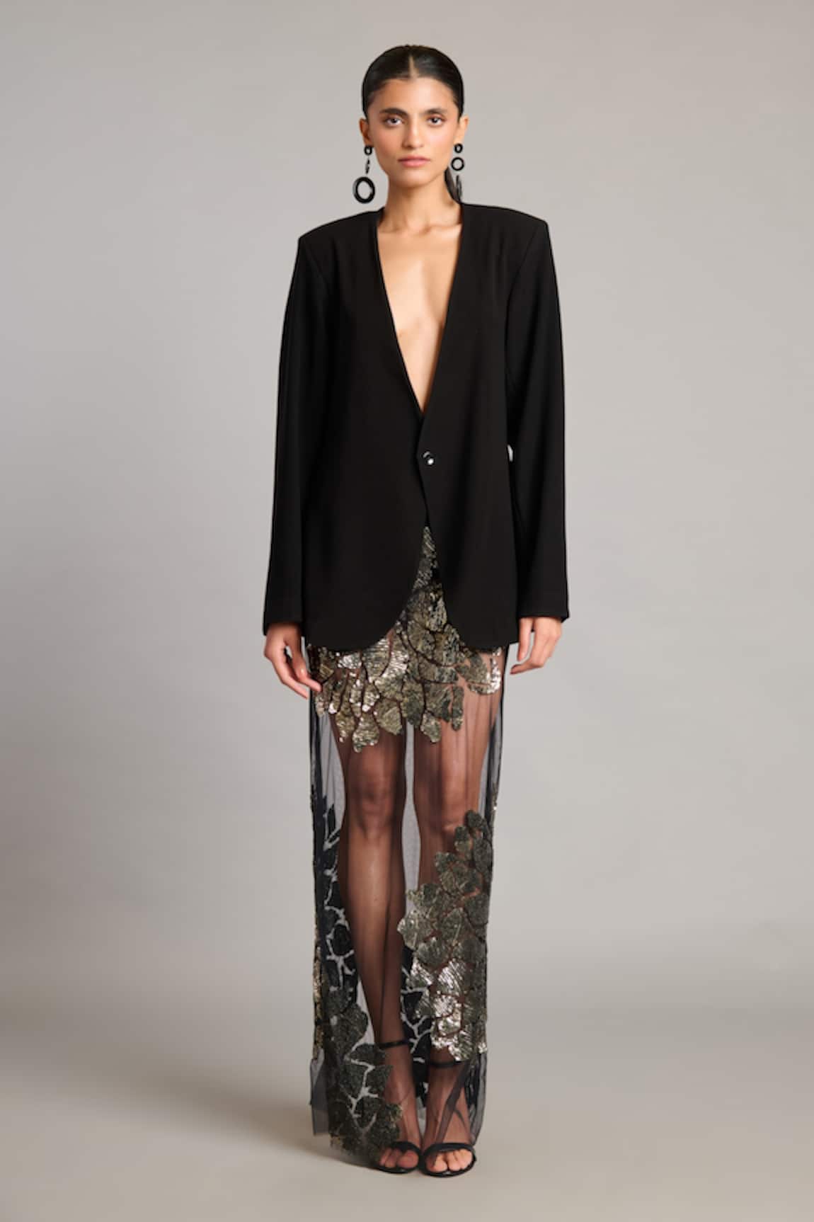 Siddartha Tytler 3D Sequin Embroidered Sheer Black Skirt 