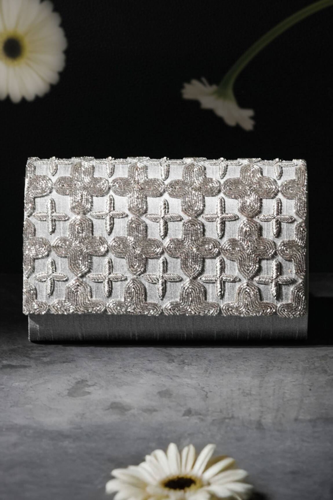 The Purple Sack Designer Grey Silver Handcrafted Clutch 