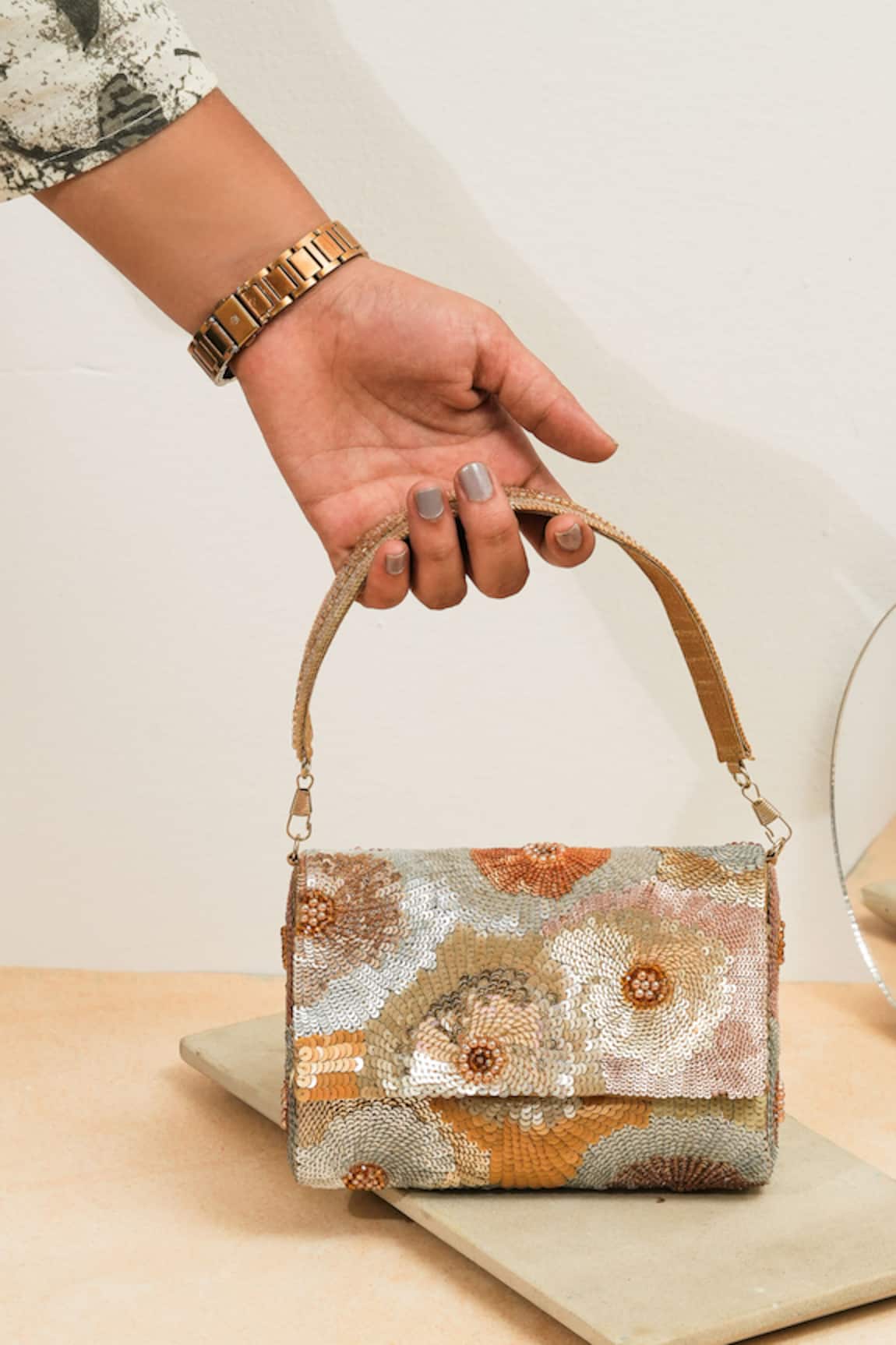 The Purple Sack Flower Sequin Clutch with Sling Handle 