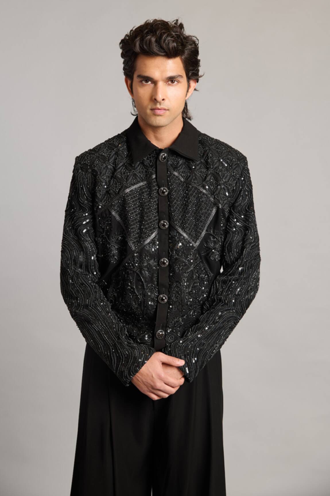 Siddartha Tytler Black Mixed-Media Embroidered Jacket 