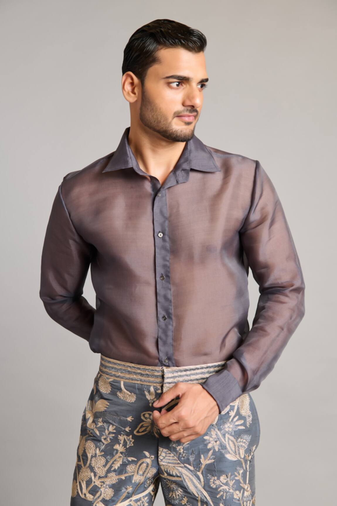 Siddartha Tytler Charcoal Sheer Organza Shirt 