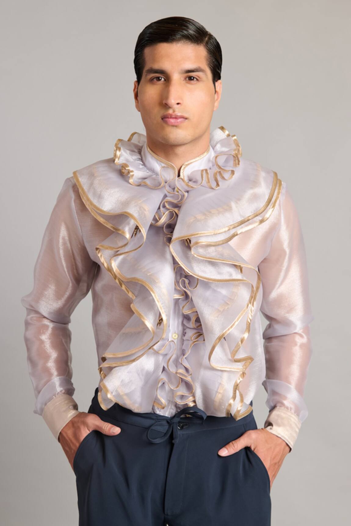 Siddartha Tytler Steel Organza Ruffle Shirt 