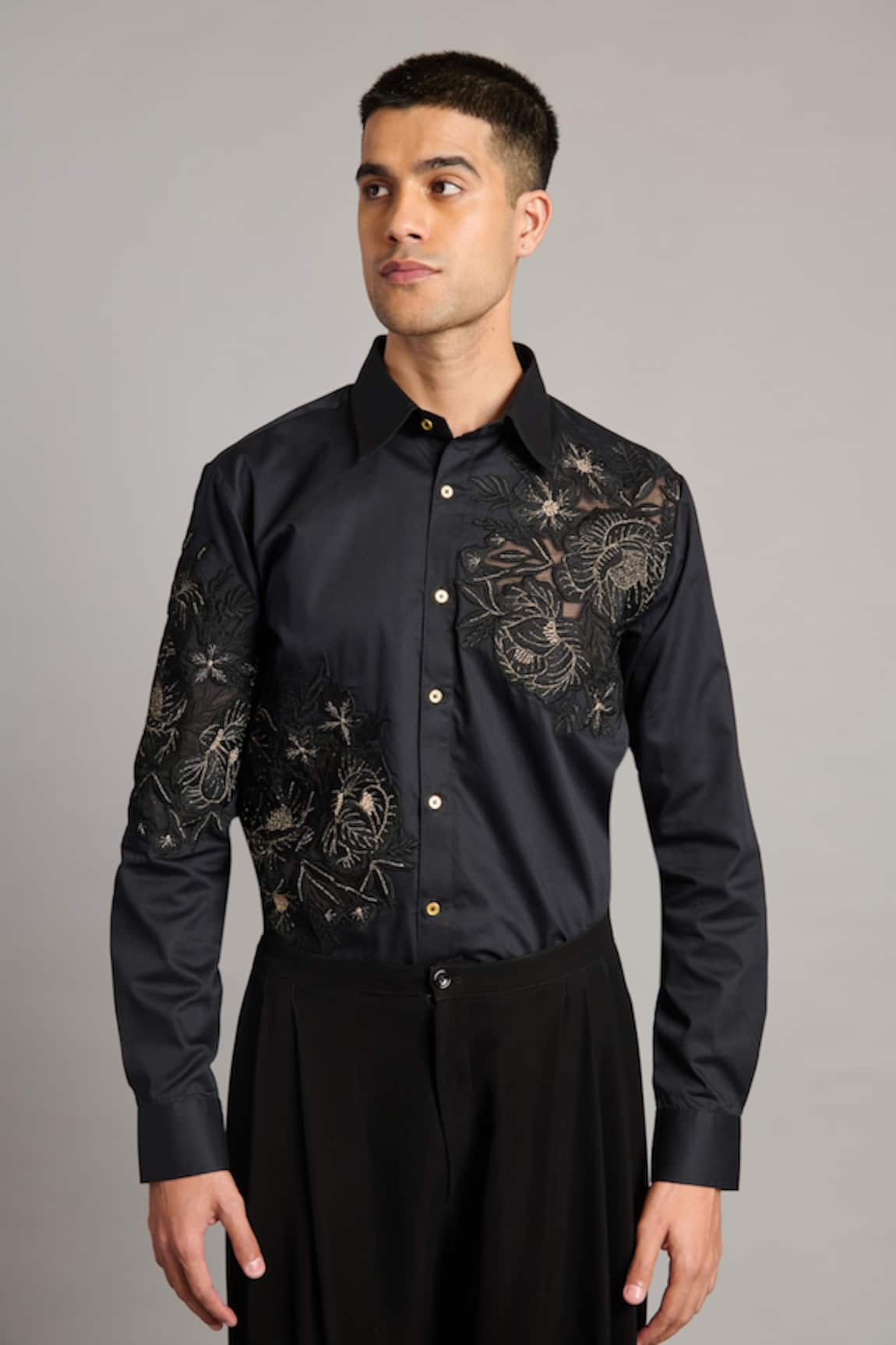 Siddartha Tytler Floral Embroidered Black Cotton Shirt 