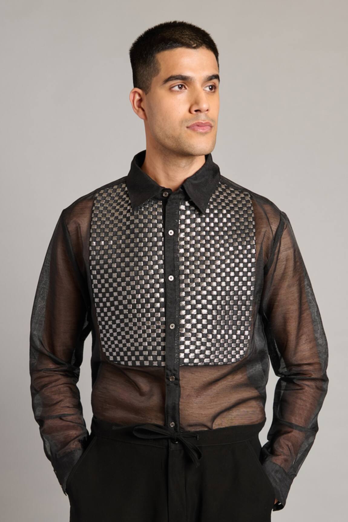 Siddartha Tytler Black Organza Intrecciato Yoke Shirt 